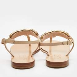 مملوكة مسبقًا Salvatore Ferragamo Beige Leather Embellished T Strap Sandals Size 37.5