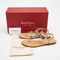 مملوكة مسبقًا Salvatore Ferragamo Beige Leather Embellished T Strap Sandals Size 37.5