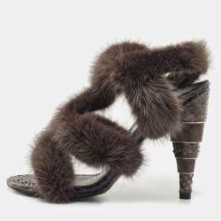 Salvatore Ferragamo Dark Grey Mink Fur and Python Leather Cage  Sandals Size 37