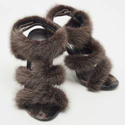 Salvatore Ferragamo Dark Grey Mink Fur and Python Leather Cage  Sandals Size 37