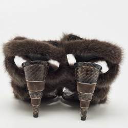 Salvatore Ferragamo Dark Grey Mink Fur and Python Leather Cage  Sandals Size 37