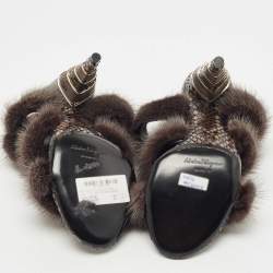 Salvatore Ferragamo Dark Grey Mink Fur and Python Leather Cage  Sandals Size 37