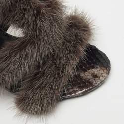 Salvatore Ferragamo Dark Grey Mink Fur and Python Leather Cage  Sandals Size 37