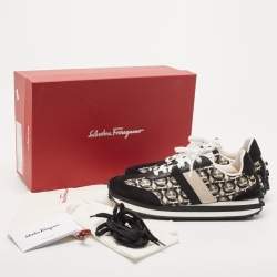 Pre Owned Salvatore Ferragamo Black/Cream Suede and Nylon Gancini Printed Low Top Sneakers Size 40