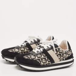 Pre Owned Salvatore Ferragamo Black/Cream Suede and Nylon Gancini Printed Low Top Sneakers Size 40