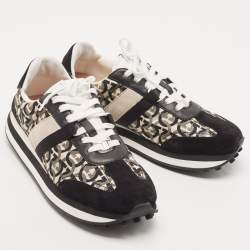 Pre Owned Salvatore Ferragamo Black/Cream Suede and Nylon Gancini Printed Low Top Sneakers Size 40