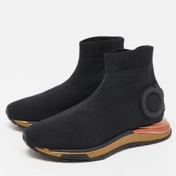 Pre Owned Salvatore Ferragamo Black Knit Fabric Cloth Trainers High Top Sneakers Size 40