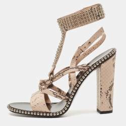 Salvatore Ferragamo Beige Python Leather Studded Ankle Cuff Sandals Size 41