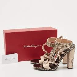 Salvatore Ferragamo Beige Python Leather Studded Ankle Cuff Sandals Size 41