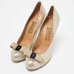 Pre Owned Salvatore Ferragamo Metallic Laminated Suede Vara Bow Pumps Size 40