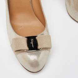 Pre Owned Salvatore Ferragamo Metallic Laminated Suede Vara Bow Pumps Size 40