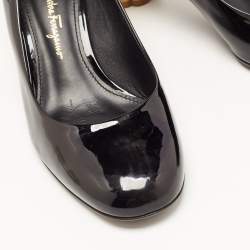Pre Owned Salvatore Ferragamo Black Patent Flower Heel Pumps Size 37