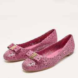 Salvatore Ferragamo Magenta Leather Lasercut Vara Bow Ballet Flats Size 40.5