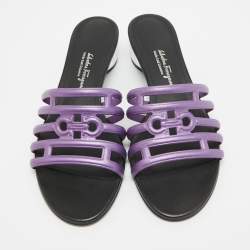 Salvatore Ferragamo Purple/Black Leather Finn Slide Sandals Size 38.5