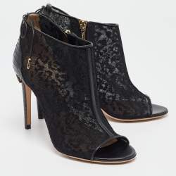 Salvatore Ferragamo Black Python Leather and Lace Nufus Open Toe Ankle Booties Size 36.5