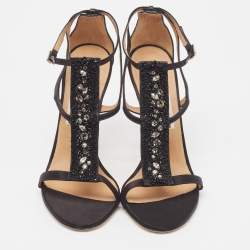 Salvatore Ferragamo Black Satin Crystal Embellished Ankle Strap Sandals Size 41