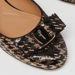 Pre Owned Salvatore Ferragamo Black/Gold Sequin Varina Ballet Flats Size 37.5