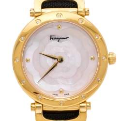 Pre Owned Salvatore Ferragamo Pink Mother Of Pearl Gold Plated Stainless Steel Leather Diamond Style SFDM Women's Wristwatch 34 mm