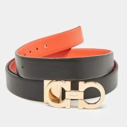 Pre Owned Salvatore Ferragamo Orange/Black Leather Gancini Buckle Reversible Cut to Size Belt