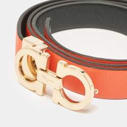 Pre Owned Salvatore Ferragamo Orange/Black Leather Gancini Buckle Reversible Cut to Size Belt