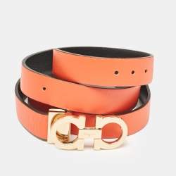 Pre Owned Salvatore Ferragamo Orange/Black Leather Gancini Buckle Reversible Cut to Size Belt