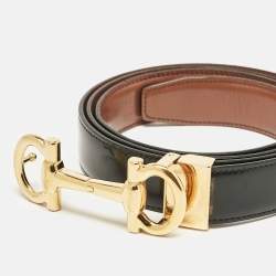 Pre Owned Salvatore Ferragamo Black/Brown Glossy Leather Double Gancini Reversible Cut to Size Belt