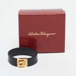 Pre Owned Salvatore Ferragamo Gancini Black Leather Gold Tone Bracelet