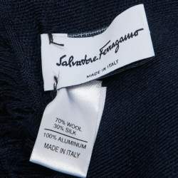 Pre Owned Salvatore Ferragamo Gancini Navy Blue Wool Silk Scarf