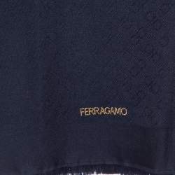 Pre Owned Salvatore Ferragamo Gancini Navy Blue Wool Silk Scarf