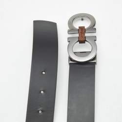 Pre Owned Salvatore Ferragamo Black/Brown Leather Gancini Buckle Cut to Size Belt