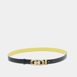 Pre Owned Salvatore Ferragamo Yellow/Black Leather Double Gancini Reversible Slim Belt