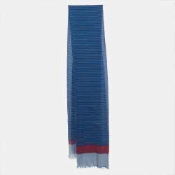 Pre Owned Salvatore Ferragamo Blue Striped Printed Cotton Fringed Scarf