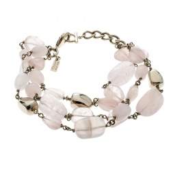 Pre Owned Salvatore Ferragamo Tumbled Rose Quartz Gold Tone Bead Bracelet