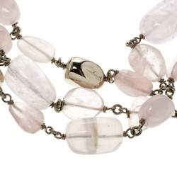 Pre Owned Salvatore Ferragamo Tumbled Rose Quartz Gold Tone Bead Bracelet