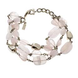 Pre Owned Salvatore Ferragamo Tumbled Rose Quartz Gold Tone Bead Bracelet
