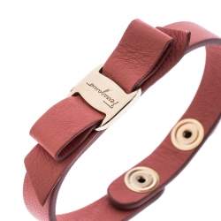 Salvatore Ferragamo Vara Bow Pink Leather Gold Tone Bracelet