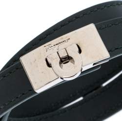 Salvatore Ferragamo Moss Green Leather Gancini Double Wrap Bracelet 
