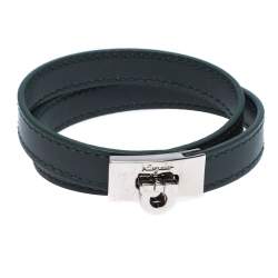 Salvatore Ferragamo Moss Green Leather Gancini Double Wrap Bracelet 