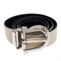 Pre Owned Salvatore Ferragamo Off White/Black Leather Reversible Belt 95CM