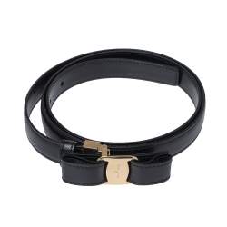 مملوكة مسبقًا Salvatore Ferragamo Black Leather Vara Bow Slim Belt 90CM