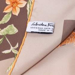 Pre Owned Salvatore Ferragamo Brown Fruit Print Silk Scarf