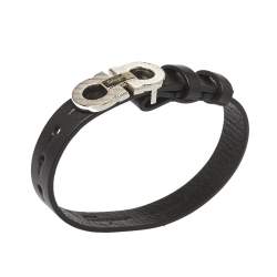 Pre Owned Salvatore Ferragamo Black Gancini Rigato Leather Bracelet