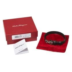 Pre Owned Salvatore Ferragamo Black Gancini Rigato Leather Bracelet