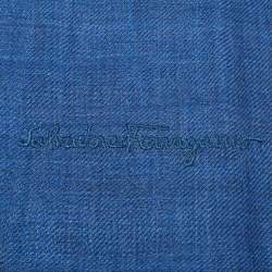 Pre Owned Salvatore Ferragamo Blue Logo Embroidered Cashmere Scarf