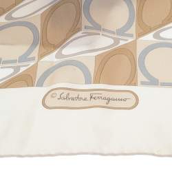 Pre Owned Salvatore Ferragamo Beige Gancini Print Silk Scarf