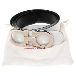 Pre Owned Salvatore Ferragamo White Leather Gancini Buckle Waist Belt 80 CM