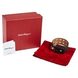 مملوكة مسبقًا Salvatore Ferragamo Dark Brown Leather Wicker Patterned Wide Bracelet