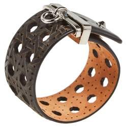 مملوكة مسبقًا Salvatore Ferragamo Dark Brown Leather Wicker Patterned Wide Bracelet