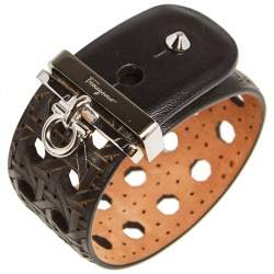 مملوكة مسبقًا Salvatore Ferragamo Dark Brown Leather Wicker Patterned Wide Bracelet