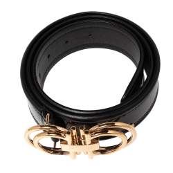 مملوكة مسبقًا حزام سالفاتوري فيراغامو جلد أسود لامع بحافة جلد وإبزيم غانشيني 90 سم